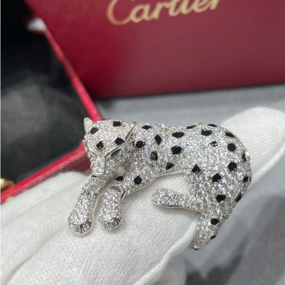 Paved Crystal Leopard Dog Ring in Silver Tone